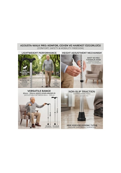 Cateksss Yükseklik Ayarlı Alüminyum Gövdeli Baston 100 Cm - Yürüme Aparatı & Bastonlar - 46 Lı Paket
