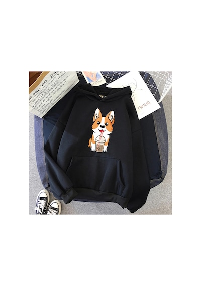 Tarzsokak Siyah Süt Çay Bardağı Corgi Moda Unisex Hoodies Bahar Sonbaharrahat Hoodies Öğrenci
