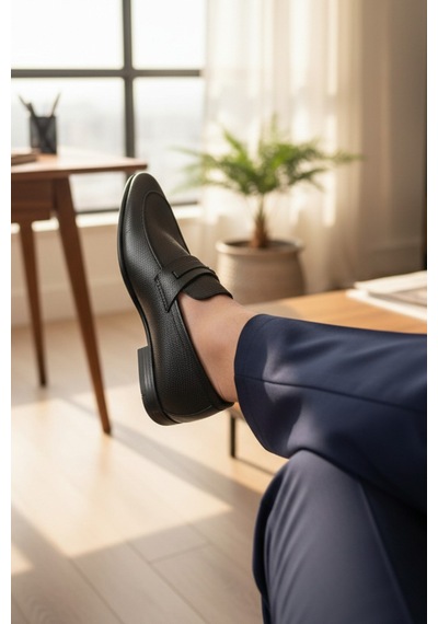 Enoch Hakiki Deri Mikro Dokulu Ve Klasik Bant Detaylı Erkek Comfort Loafer Siyah