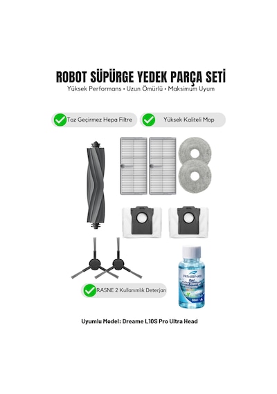 Dreame L10s Pro Ultra Head İle Uyumlu 1 Ana Fırça 2 Yan Fırça 2 Filtre 2 Mop 1 Deterjan 2 Toz Torbası 7.0