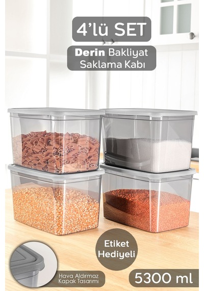 4 Adet Derin Erzak Saklama Kabı - Büyük Boy Gıda Un Bakliyat Kabı Erzak Kutusu Antrasit 5300 Ml Antrasit