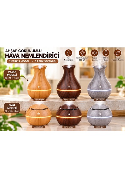 Ahşap Görünümlü Ultrasonik Hava Nemlendirici Aroma Difüzör Led Işıklı Usb Vazo Koyu Kayve-şarjlıı