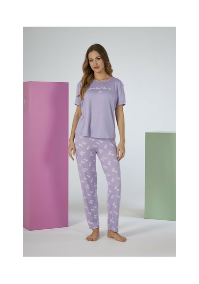 Estiva Kadın Yaprak Alt Desenli Kısa Kollu Soft Pijama Takımı LİLA