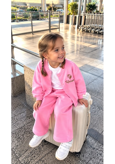 Elzo Collection Kız Çocuk Unicorn Nakış İşlemeli Pembe Kolej Ceket Eşofman Alt Üst Takım