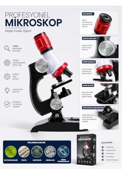 Eğitici Çocuk Mikroskop Kiti Led Işıklı Zoomlu 100x 400x 1200x Büyütmeli Bilim Seti