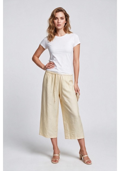 Ayhan Kadın Keten Karışımlı Geniş Paça Beli Bağcıklı Crop Pantolon 26ykrb71537 Sarı