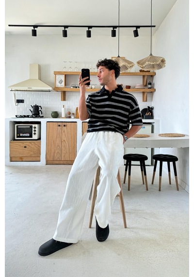 Flaw Bel Lastikli Keten Baggy Pantolon Beyaz Beyaz