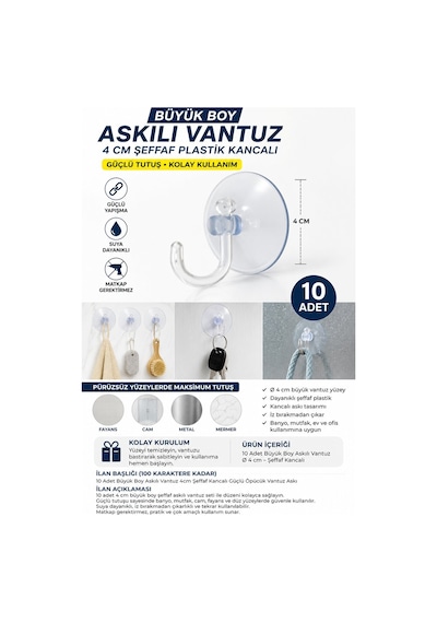 10 Adet 4 Cm Büyük Boy Şeffaf Askılı Vantuz Kancalı Öpücük Vantuz