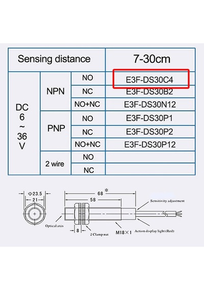 E3F-DS30C4 IR Kızılötesi Mesafe Sensörü MZ80 NPN NO İnfrared Optik 30cm Engel Algılayıcı