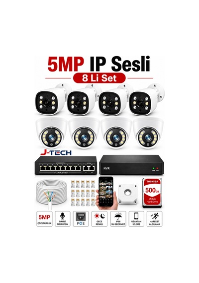 J-tech 5mp Sesli 8 Li D6066 İp Renkli Gece Görüşlü 500gb Akıllı Güvenlik Kamera Seti Yüz Ve Araç T
