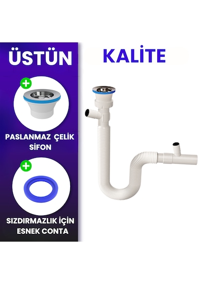 Çift Çamaşır Ve Bulaşık Makinesi İçin Körüklü Lavabo Sifonu Çift