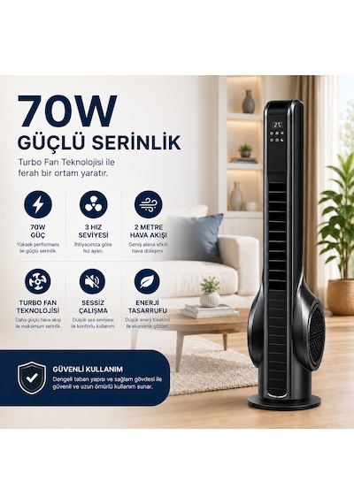 Turbo Akıllı Fan 70w Uzaktan Kumandalı Kule Vantilatör, Aromaterapi Özellikli, Dokunmatik Led Ekranlı, 3 Hız Kademeli, 3 Modlu, 12 Saat Zamanlayıcılı, Sessiz Çalışma, Salınımlı Fan