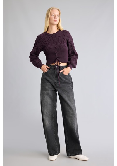 Defacto Regular Fit Bisiklet Yaka Saç Örgülü Bağcık Detaylı Triko Crop Kazak I9174ax26wnpr201 Mor-pr201