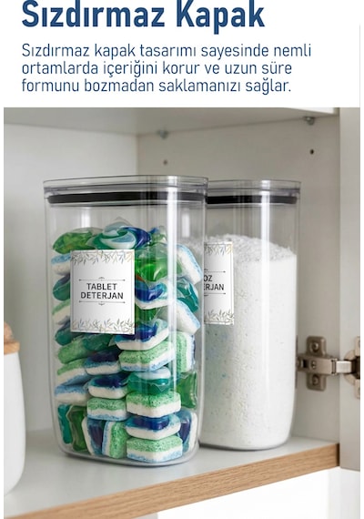 İronika Etiket Hediyeli Sızdırmaz Kapaklı Tablet Toz Deterjan Saklama Kabı 2100 Ml 2 Adet Şeffaf