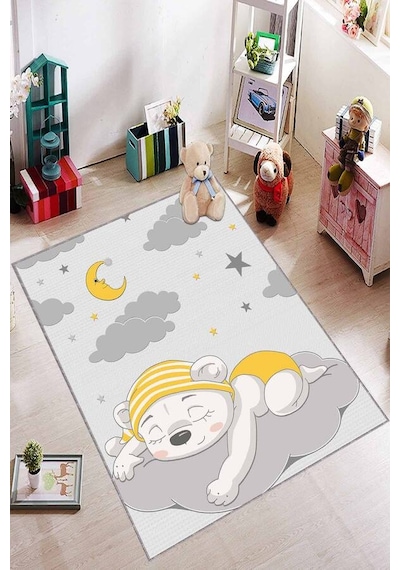 Sarı Kaymaz Tabanlı Yıkanabilir Ayıcıklı Bebek Halısı Ar382n11