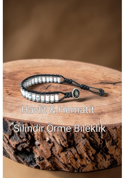Havlit & Hematit Otantik Silindir Örme Bileklik Beyaz