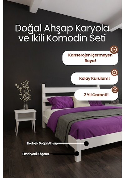 Natura Masif Ahşap Karyola Ve 2 Adet Komodin Beyaz 90x200
