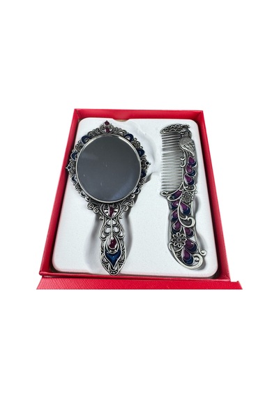 Tavus Kuşu Desenli Vintage Ayna Tarak Seti Özel Tasarım Ve Özel Kutulu 13,5 Cm & 13 Cm Çok Renkli 841684427