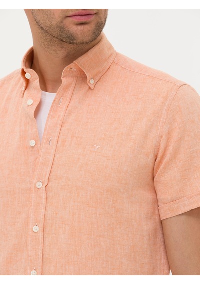 Cacharel Turuncu Slim Fit Keten Karışımlı Kısakol Gömlek