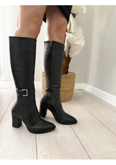 Asmi Shoes Kadın Lamor Yandan Fermuarlı Diz Altı Çizme Siyah Cilt Siyah