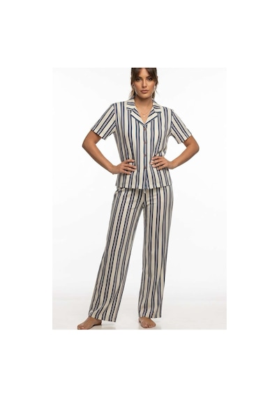 Relax Mode Kadın Mavi Çizgili Gömlek Pijama Takım - 26036r Beyaz