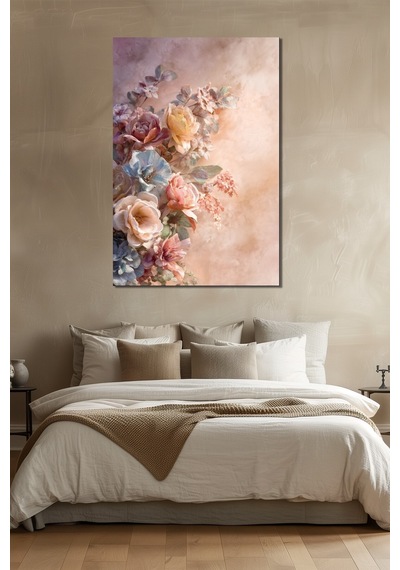 Çiçek Buketi Baskılı Cam Tablo Pastel Tonlu Floral Duvar Dekoru