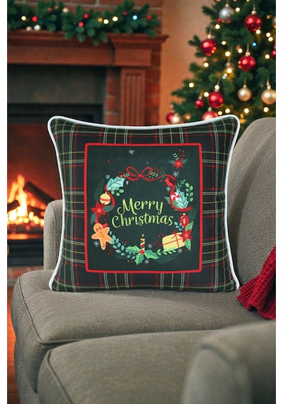 Kırlent Kılıfı Yılbaşı Temalı Merry Christmas 45x45 Raşel Örme Kadife Dijital Baskı Beyaz Biyeli Çok Renkli