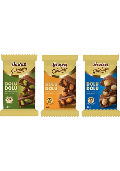 Ülker Dolu Dolu Antep Fıstıklı - Fındıklı - Bademli Çikolata 3 Lü Karma Paket