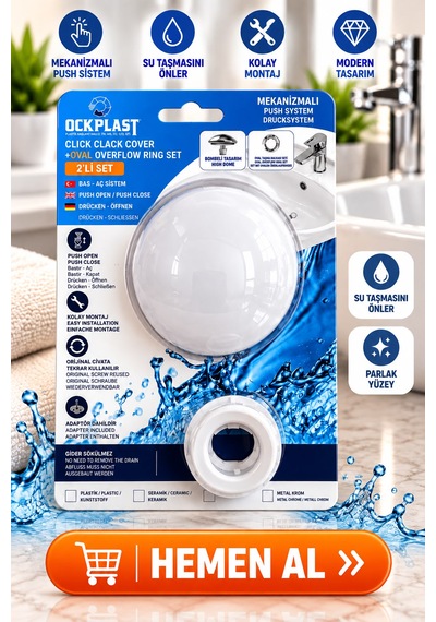 Lavabo Gider Süzgeci Bas Aç Pop-up Sistem Taşma Yüzüklü Dayanıklı Tasarım Beyaz