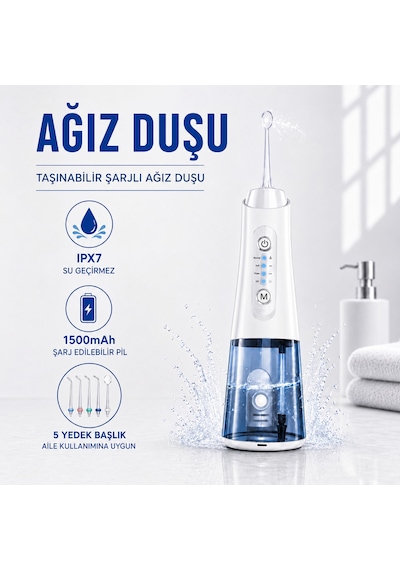 Ağız Duşu Şarjlı 320 Ml Su Hazneli 4 Modlu Su Geçirmez Taşınabilir Oral Irrigator 5 Başlıklı Derin Temizlik Type-c