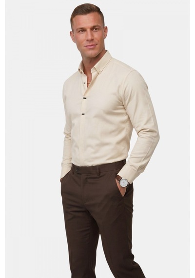Deep Sea Deepsea Krem Slim Fit Likralı Kolay Ütülenebilir Gizli Düğmeli Erkek Gömlek 2602614