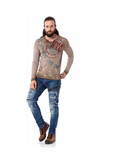 Cipo & Baxx Erkek Uzun Kollu Vintage Baskılı Sweatshirt Cl512 Kahverengi
