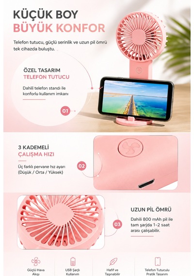 Şarjlı Mini Fan Vantilatör 3 Kademeli Masaüstü Kullanımlı El Fanı Telefon Tutuculu Usb Taşınabilir Sessiz