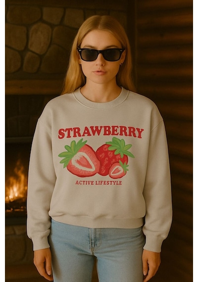 Benroma 3 İplik Penye Strawberry Baskılı Unisex Sweatshırt Gri