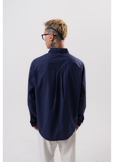 Respire Erkek Nakış Detaylı Poplin Oversize Gömlek Lacivert