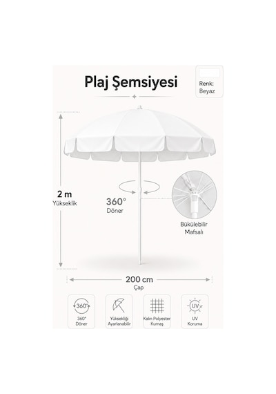 Beyaz Plaj Şemsiyesi 200 Cm, 10 Telli Beyaz