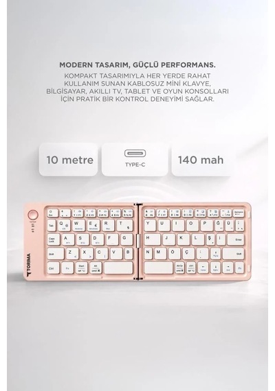 Cep Ekipman Tuş Kablosuz Klavye Bluetooth Katlanabilir Şarjlı Mini Klavye Tk08 Pembe