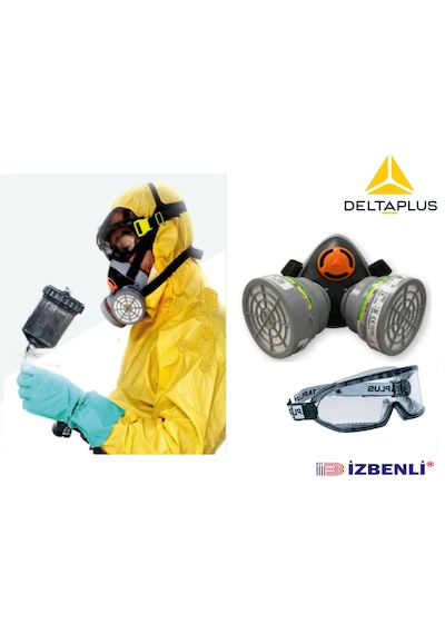 Delta Plus Abek1 Tiner Vernik Reçine Epoksi Boya Oto Boya Toz Için Yarım Yüz Gaz Maske Filtreli +goggle Gözlük