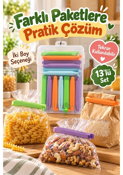 13 Adet Kutulu 2 Farklı Boy Renkli Poşet Kapatma Klipsi Mutfak Paket Ağzı Kapatıcı Düzenleyici Klips