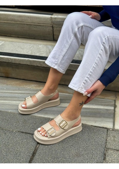 Erva'nın Butiği Bej Cilt Jenny Gold Toka Detay Kadın Sandalet-5743