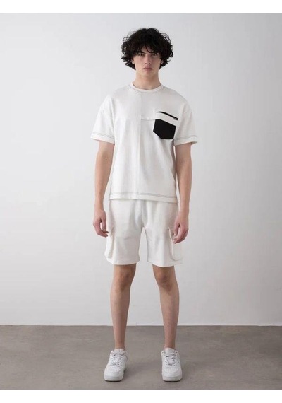 Erkek Teenage Fermuarlı Oversize Şortlu Takım-15543 Beyaz