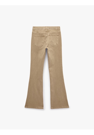 Koton Pamuklu Dar Kesim Yüksek Bel Cepli Düğmeli İspanyol Paça Pantolon - Flare Jeans Kahverengi 7wal40005mw Kahve