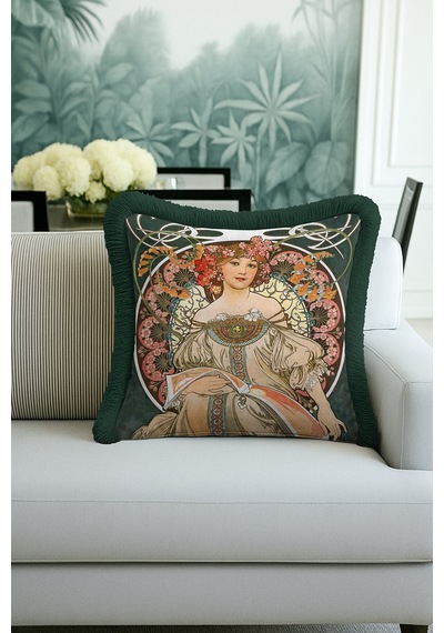 Art Nouveau Saçaklı Yastık Kılıfı - Romantik Kadın Figürü Bohem Yeşil Püsküllü Kırlent Kılıfı Çok Renkli