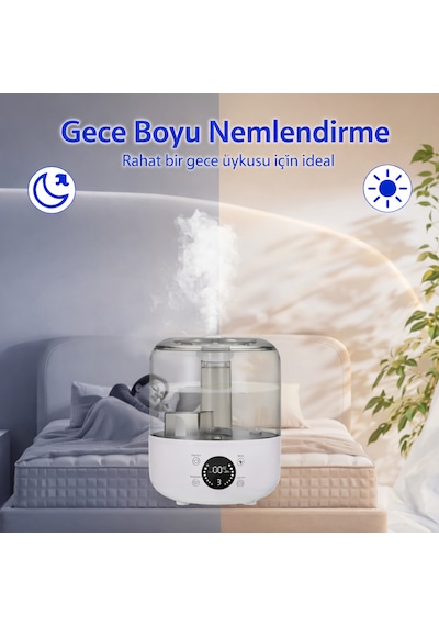 3 Litre Kapasiteli Led Ekranlı Akıllı Hava Nemlendirici 3 Seviyeli Buhar Ayarı, Geniş Alan Etkisi
