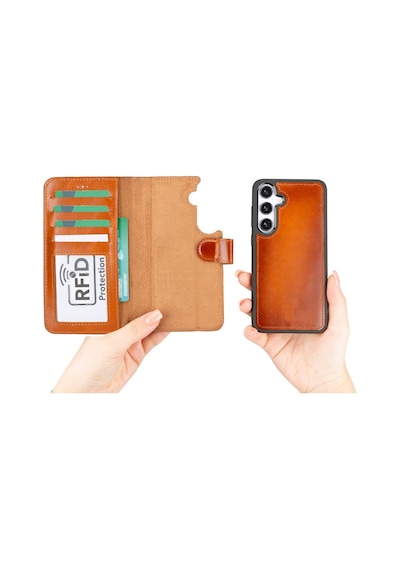 Samsung Galaxy S25 Plus Uyumlu, Hakiki Deri, El Yapımı, Cüzdanlı Kılıf, Gölgeli Taba