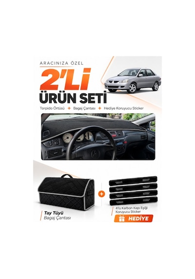Mıtsubıshı Lancer 2003-2006 Uyumlu Torpido Örtüsü + Tay Tüyü Bagaj Çantası + Sticker - Siyah Gri