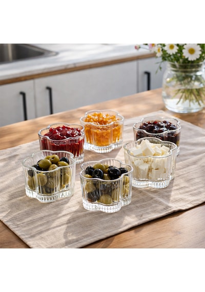 Porsima Ryg7061 Flower 6lı Cam Kase Puding Magnolya Tatlı Ve Dondurma Kasesi Kahvaltılık Kase Seti Çerez Kasesi 6x7,5cm Şeffaf
