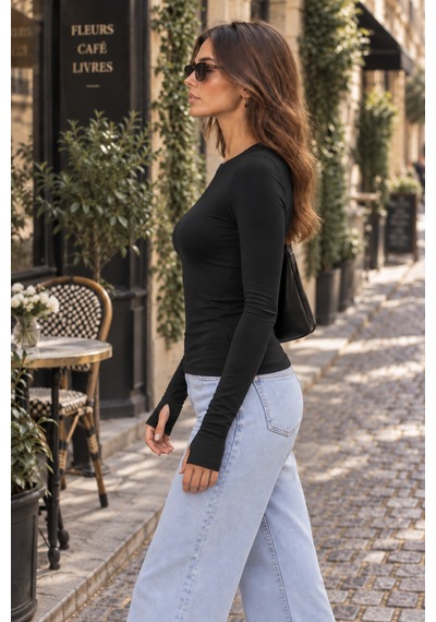 Lılac Kadın %100 Viskon Parmak Geçirmeli Bisiklet Yaka Siyah Basic Body Siyah Siyah