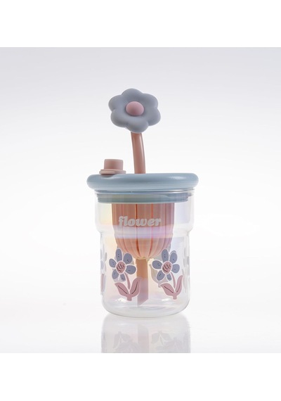 Çiçek Desenli Cam İçecek Bardağı, Çiçek Temalı Pipetli Bardak, Kapaklı,eglenceli Ve Dekoratif Tasarım, Mor,pembe,mavi,ve Yeşil Renk Seçenekleri Mavi Açık Kırmızı