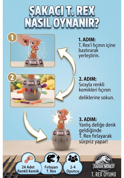 Ju-rassic World Lisanslı Şakacı T-rex Fıçı Oyunu - 24 Renkli Kemikli Heyecan Dolu Aile Ve Parti Oyunu